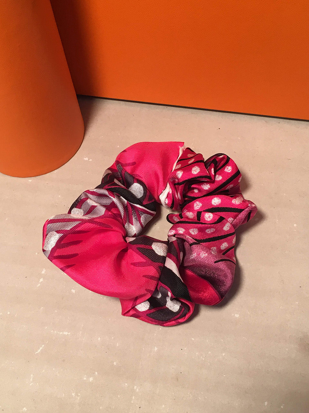 Hermes Handmade Baobab Cat Silk Scarf Scrunchie in Pink, Black and White