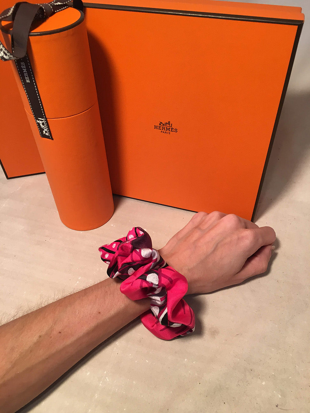 Hermes Handmade Baobab Cat Silk Scarf Scrunchie in Pink, Black and White