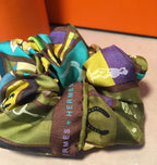 Hermes Handmade En Voyage Silk Scarf Scrunchie in Green