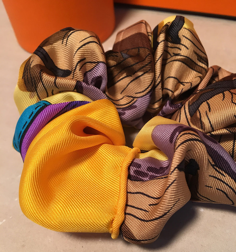 Hermes Vintage Handmade Ecuries Silk Scarf Scrunchie in Yellow