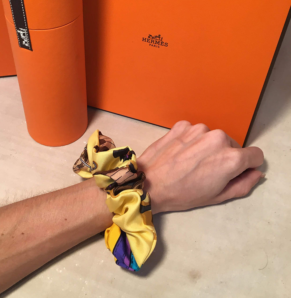 Hermes Vintage Handmade Ecuries Silk Scarf Scrunchie in Yellow