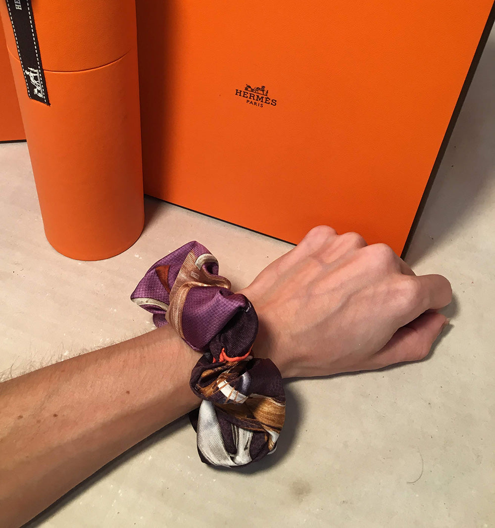 Vintage Hermes Handmade Projets Carres Silk Scarf Scrunchie in Purple