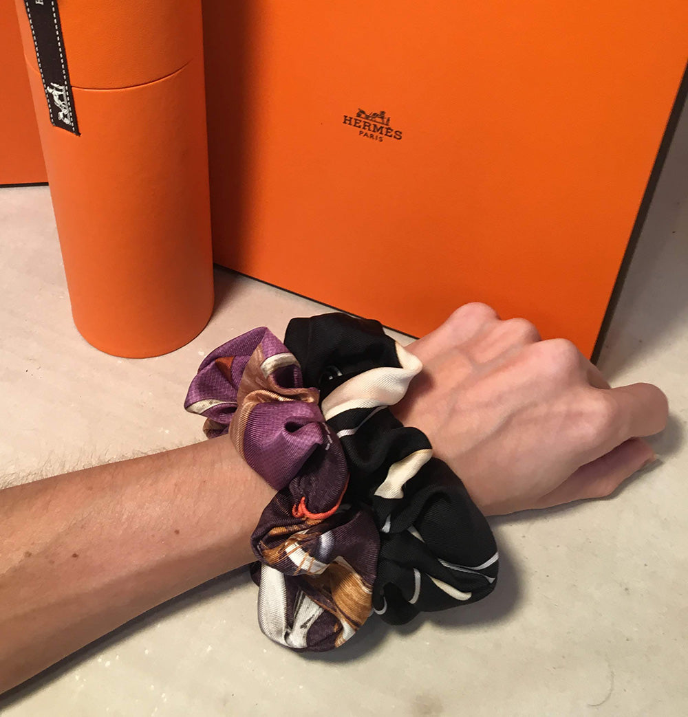 Vintage Hermes Handmade Projets Carres Silk Scarf Scrunchie in Purple