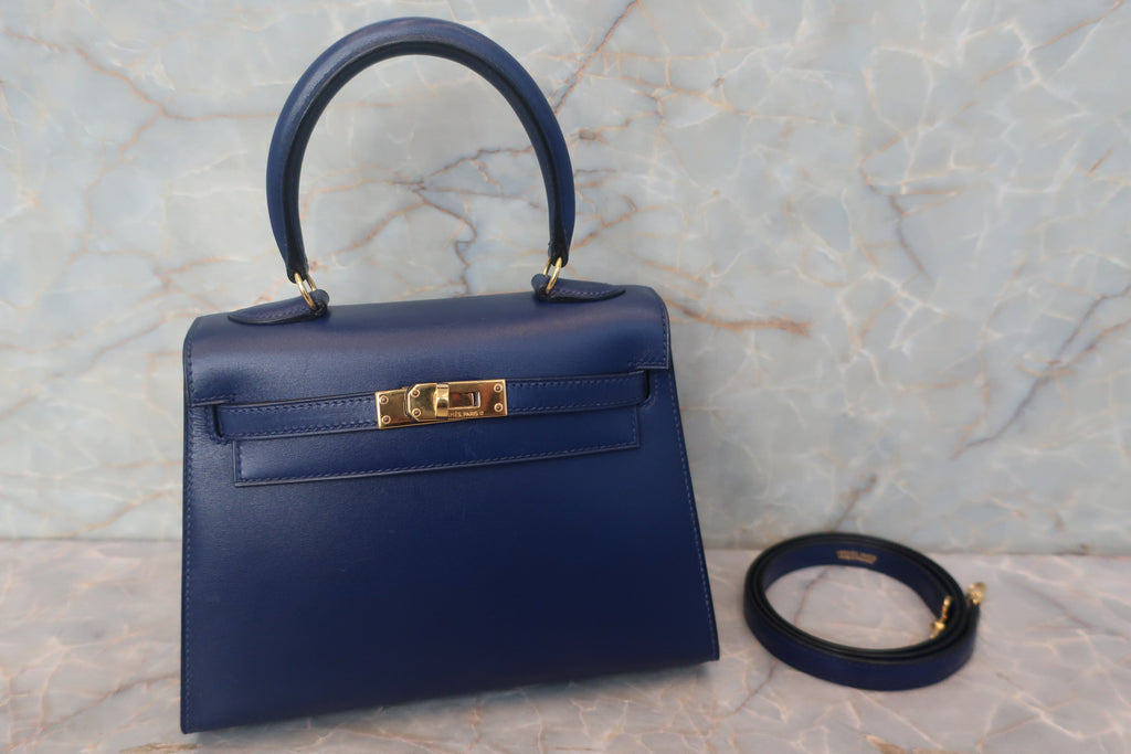 HERMES／エルメス ミニケリー20 ボックスカーフ ブルー 〇X刻印 ショルダーバッグ 700120069