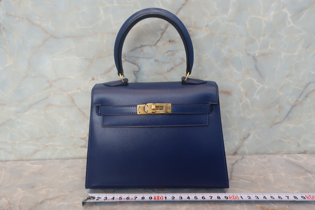 HERMES／エルメス ミニケリー20 ボックスカーフ ブルー 〇X刻印 ショルダーバッグ 700120069