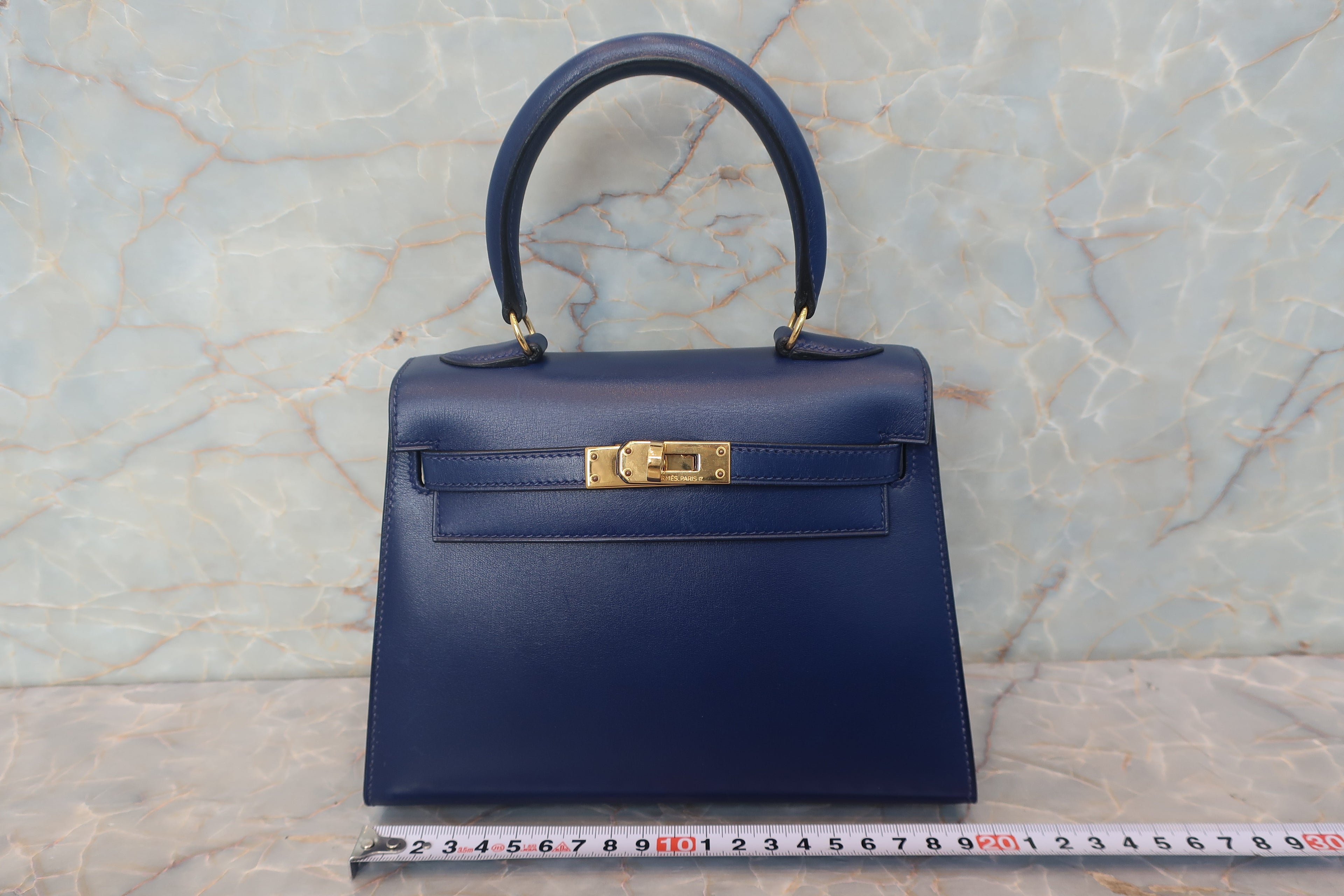 HERMES／エルメス ミニケリー20 ボックスカーフ ブルー 〇X刻印 ショルダーバッグ 700120069