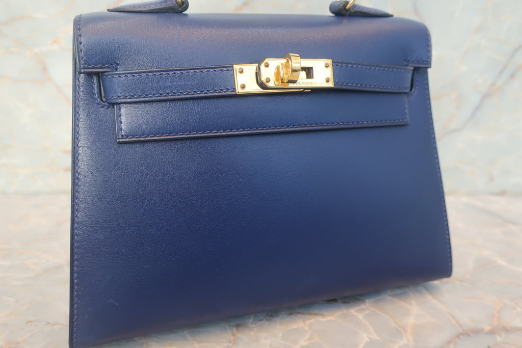 HERMES／エルメス ミニケリー20 ボックスカーフ ブルー 〇X刻印 ショルダーバッグ 700120069