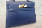 HERMES／エルメス ミニケリー20 ボックスカーフ ブルー 〇X刻印 ショルダーバッグ 700120069