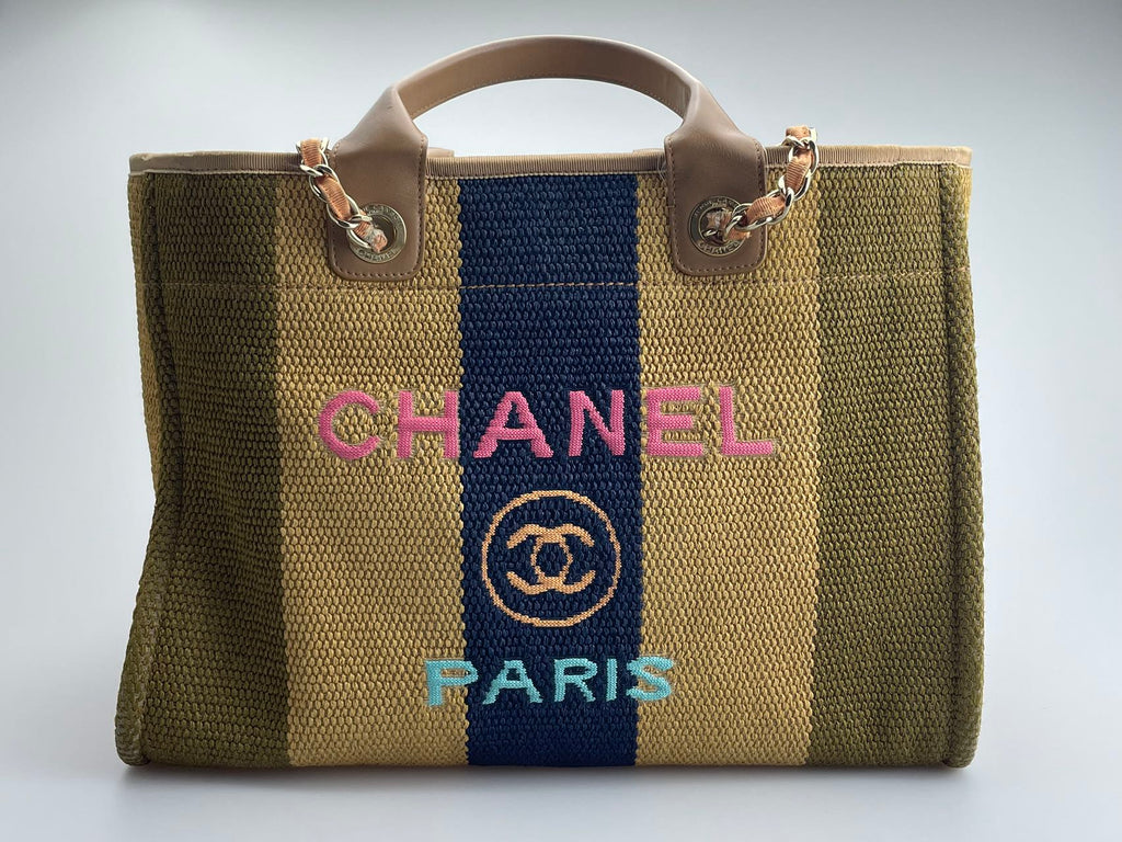 Chanel Deauville Medium Tote Bag in Khaki Beige and Navy Blue Raffia with Gold Hardware