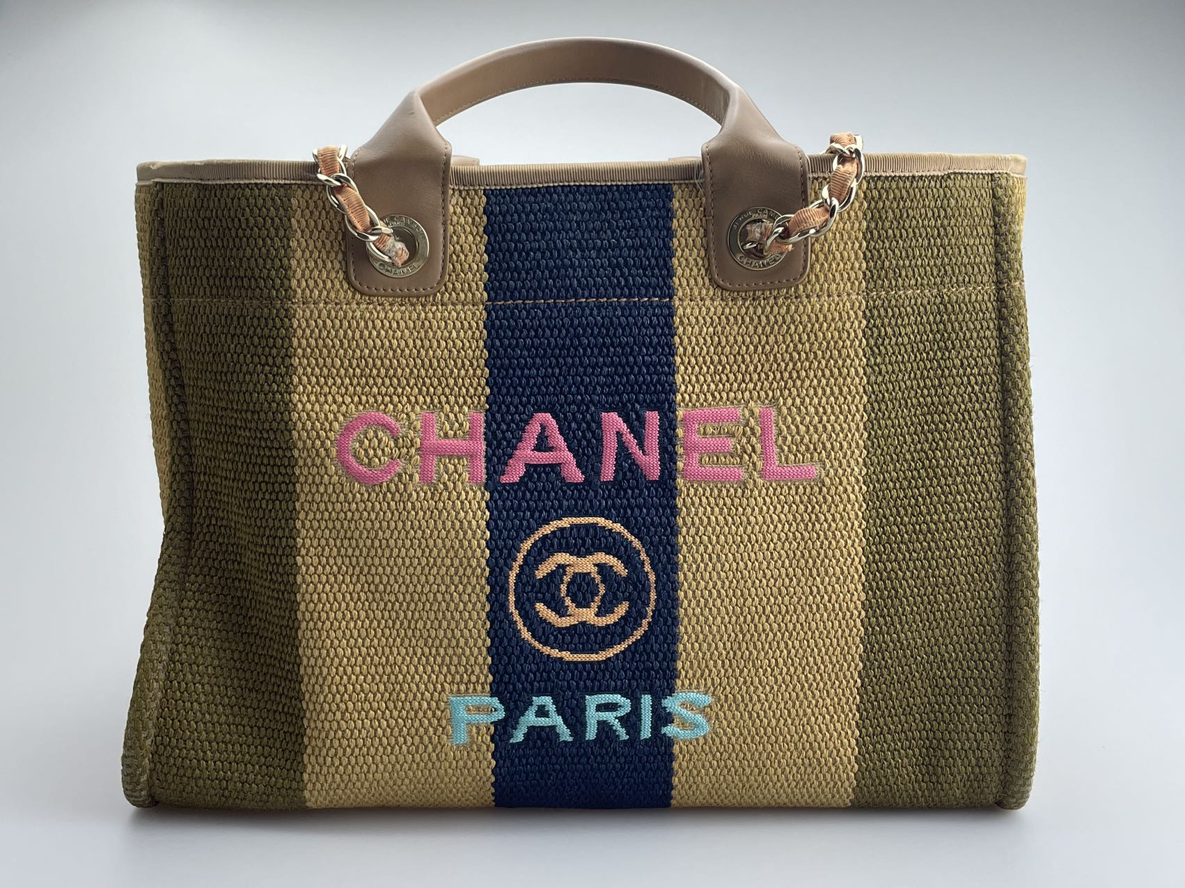 Chanel Deauville Medium Tote Bag in Khaki Beige and Navy Blue Raffia with Gold Hardware