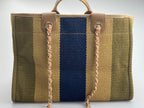 Chanel Deauville Medium Tote Bag in Khaki Beige and Navy Blue Raffia with Gold Hardware