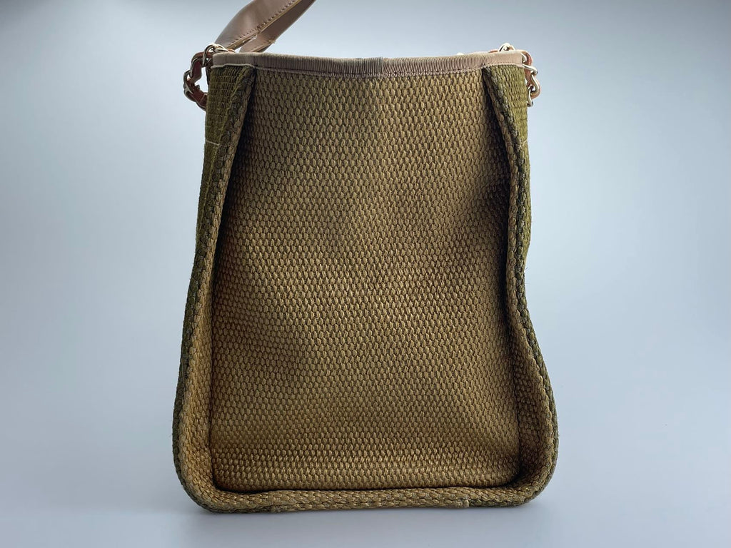Chanel Deauville Medium Tote Bag in Khaki Beige and Navy Blue Raffia with Gold Hardware
