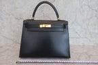 HERMES／エルメス ケリー28 ボックスカーフ ブラック □G刻印 ショルダーバッグ 800010144