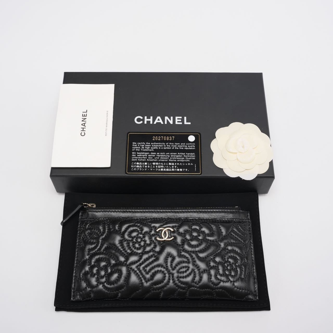 Chanel Camellia Quilted Lambskin Leather Black Zip Pouch