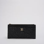 Chanel Camellia Quilted Lambskin Leather Black Zip Pouch