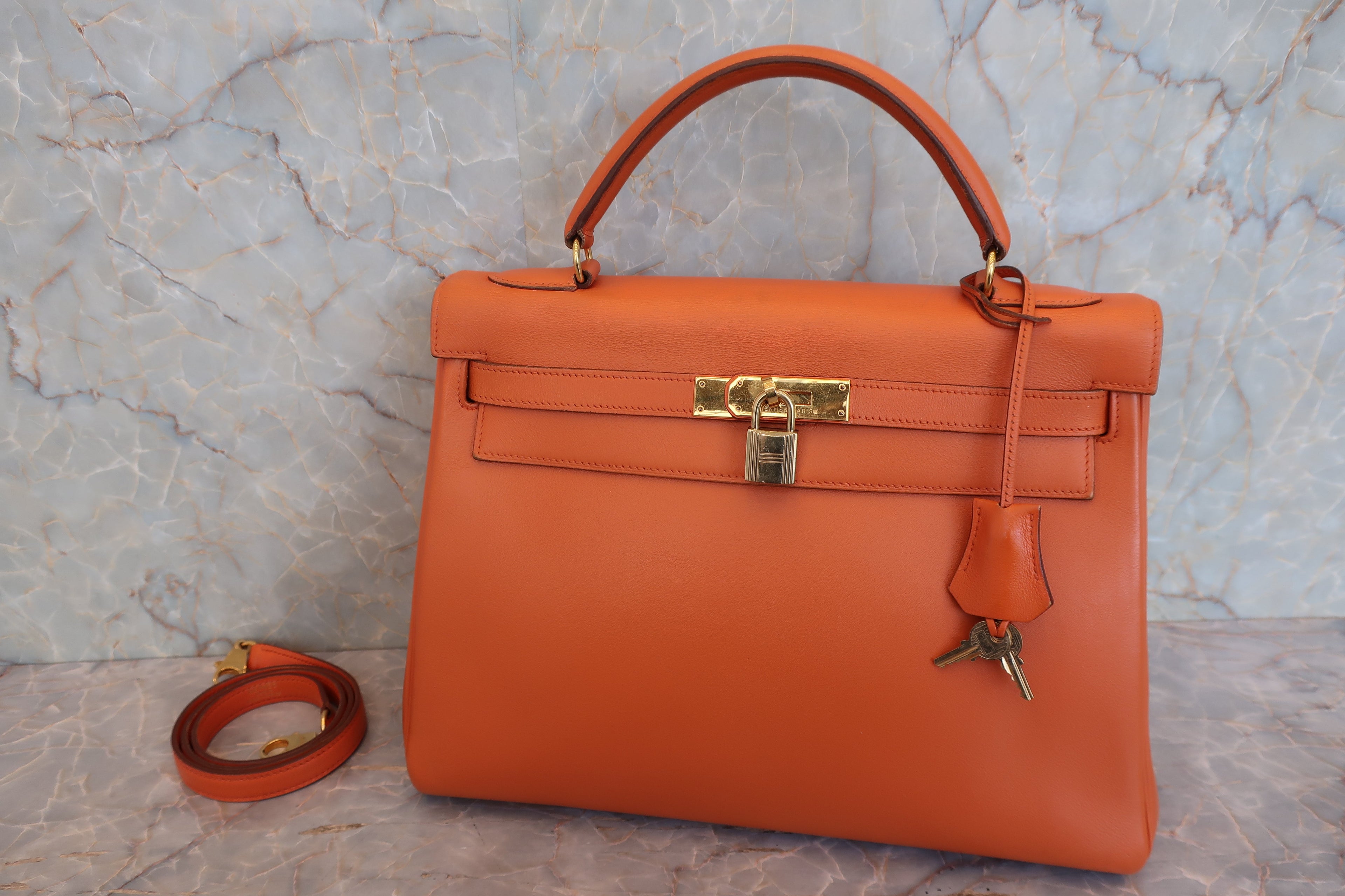 HERMES／エルメス ケリー32 ヴォーガリバー オレンジ 〇W刻印 ショルダーバッグ 800040080