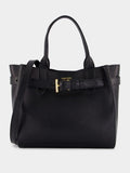Black Leather Belted Tote Bag