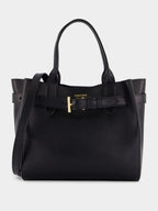Black Leather Belted Tote Bag