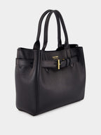 Black Leather Belted Tote Bag