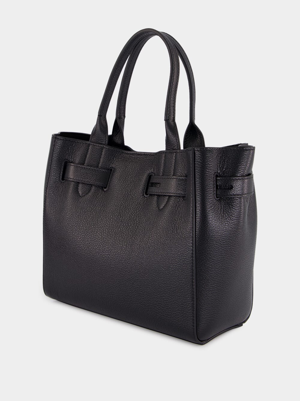Black Leather Belted Tote Bag
