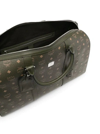 MCM Traveler Monogram Logo Printed Duffle Bag Green Zip Large Travel Handbag NEW