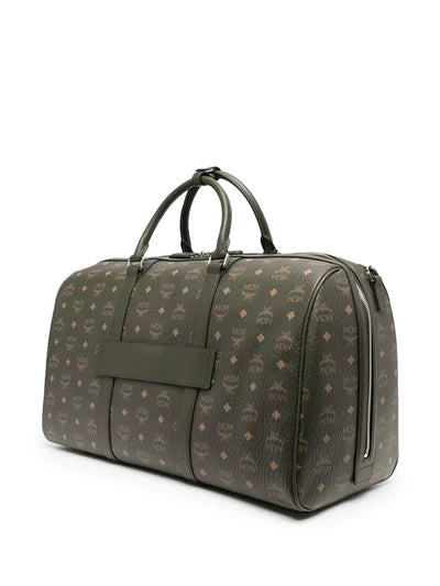 MCM Traveler Monogram Logo Printed Duffle Bag Green Zip Large Travel Handbag NEW