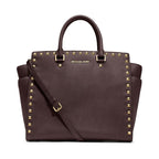 Michael Kors Selma Gold Studded Large Tote Bag Leather Coffee Brown Handbag NEW