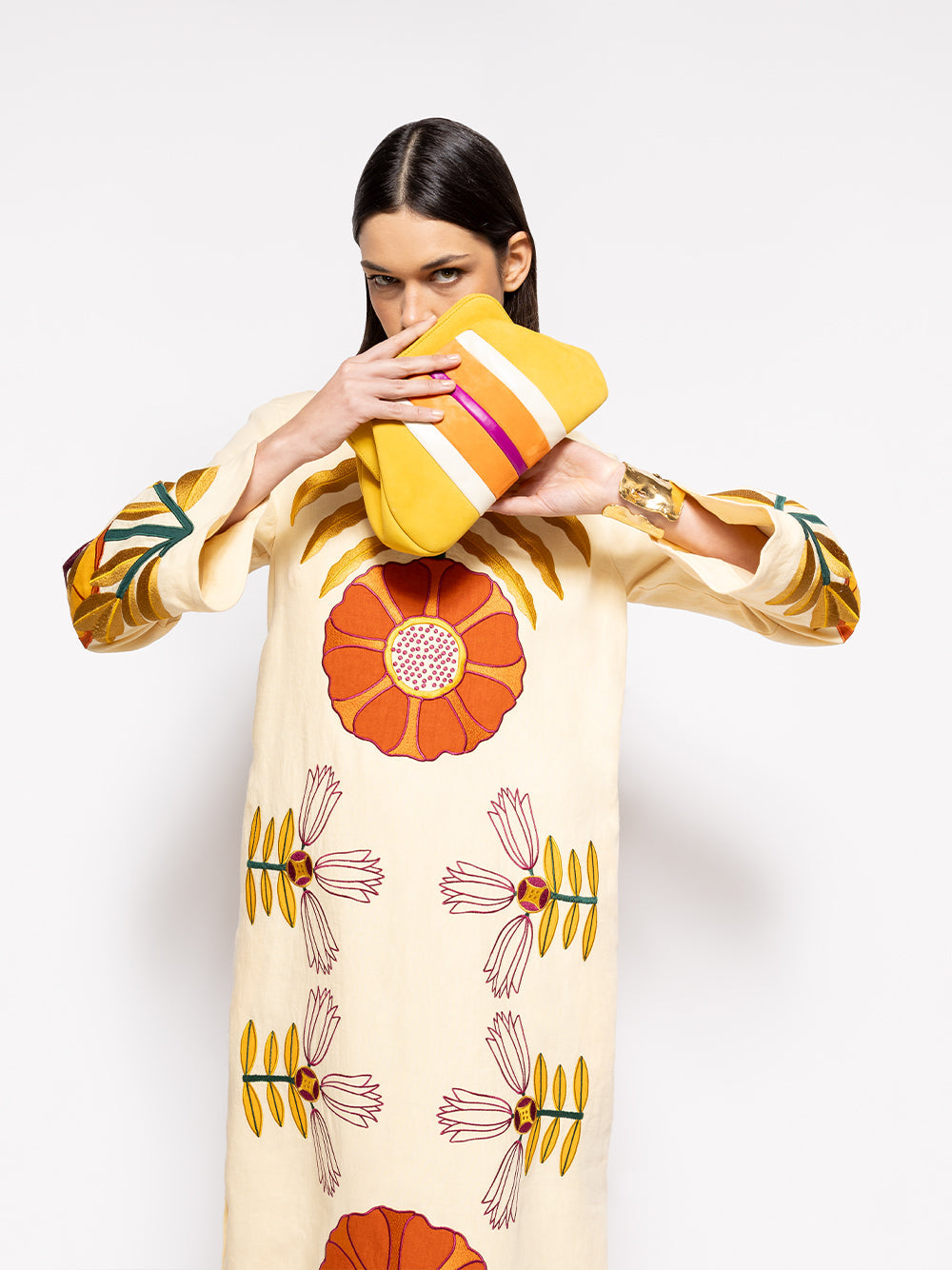Medine Golden Yellow Leather and Suede Clutch