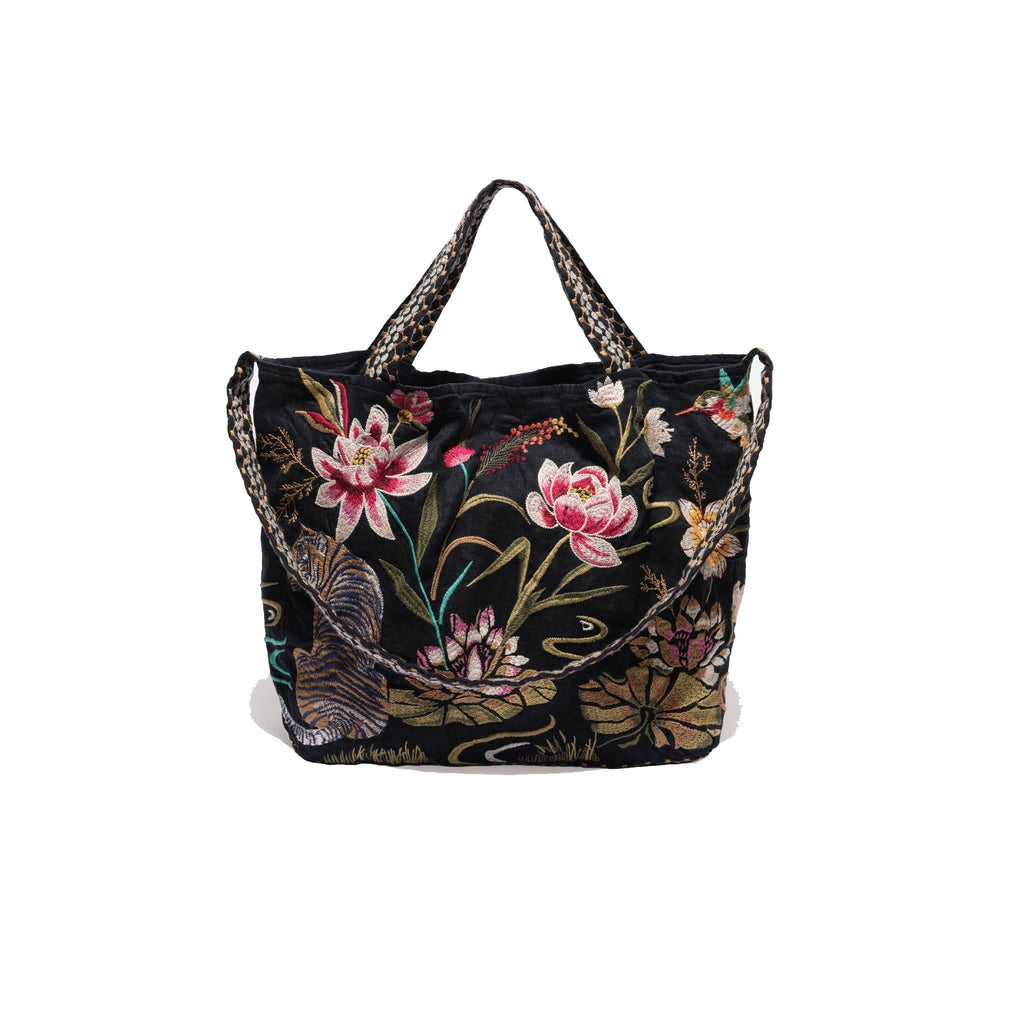Johnny Was Maisie Linen Tote Bag Animal Floral Embroidery Black Handbag Purse NEW