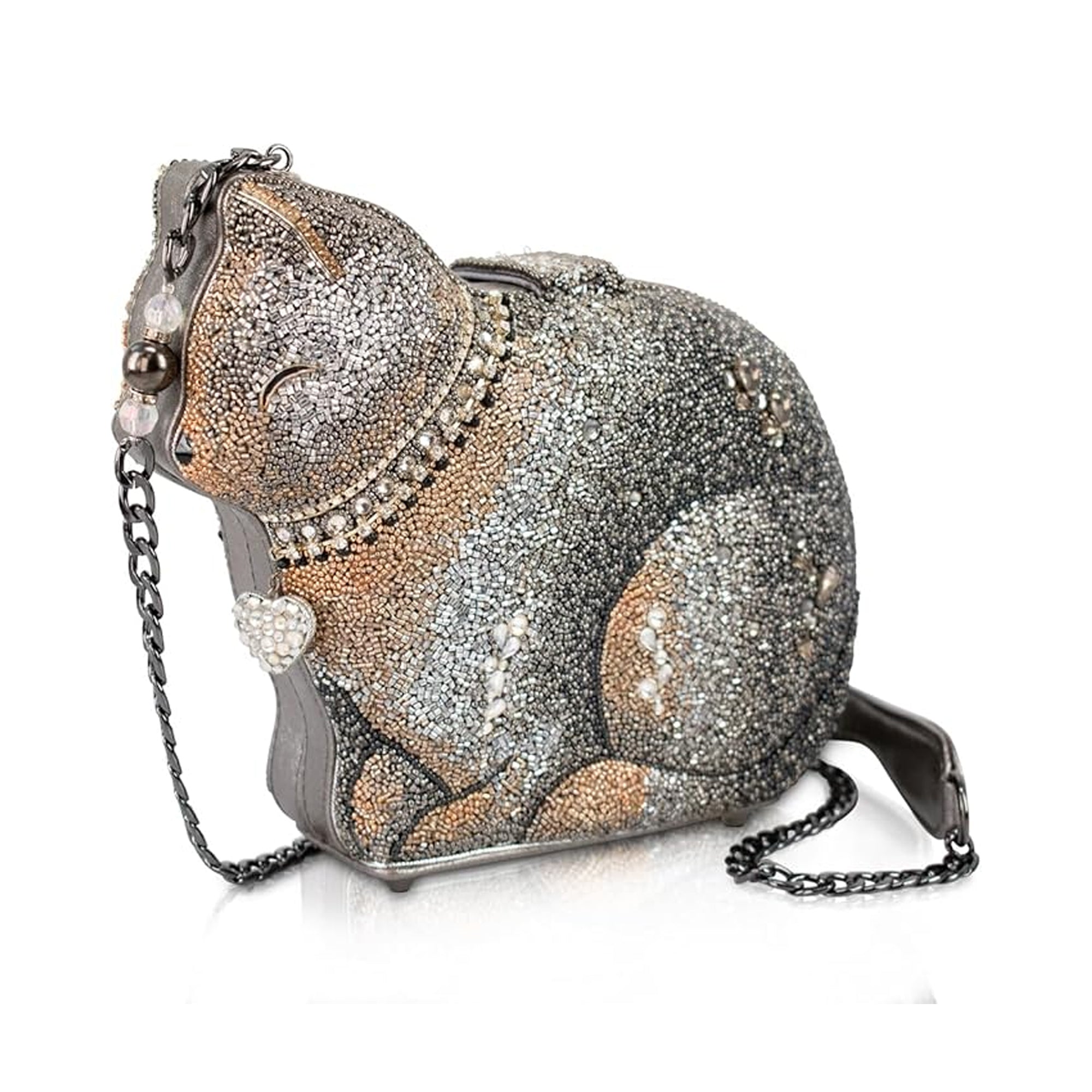 Mary Frances Couture Cat Crossbody Beaded Handbag Kitty Bag Silver Gold Purse NEW