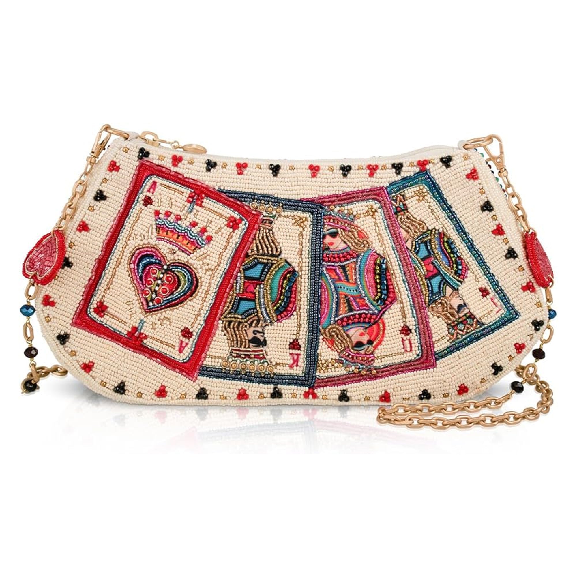 Mary Frances Shuffle Cards Crossbody Handbag Beaded Zip Bag Red Beige Purse NEW