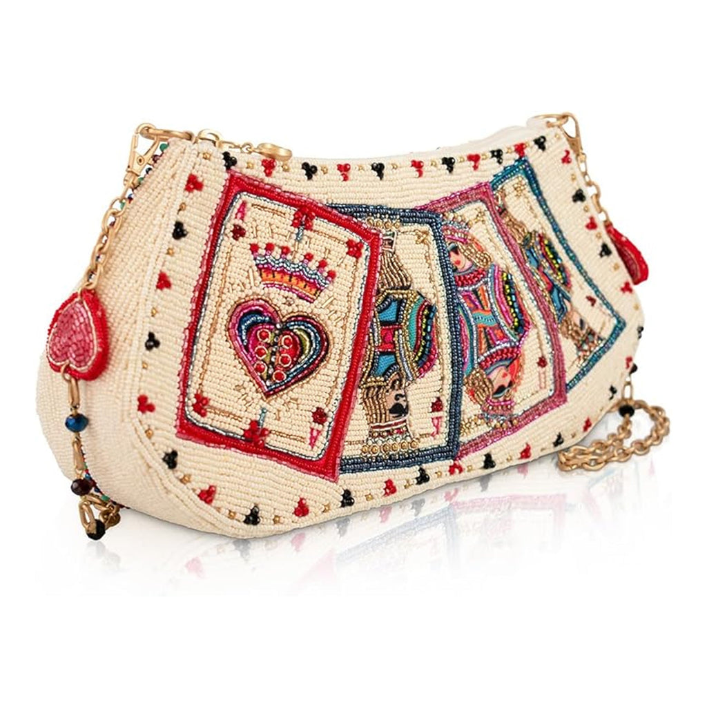 Mary Frances Shuffle Cards Crossbody Handbag Beaded Zip Bag Red Beige Purse NEW