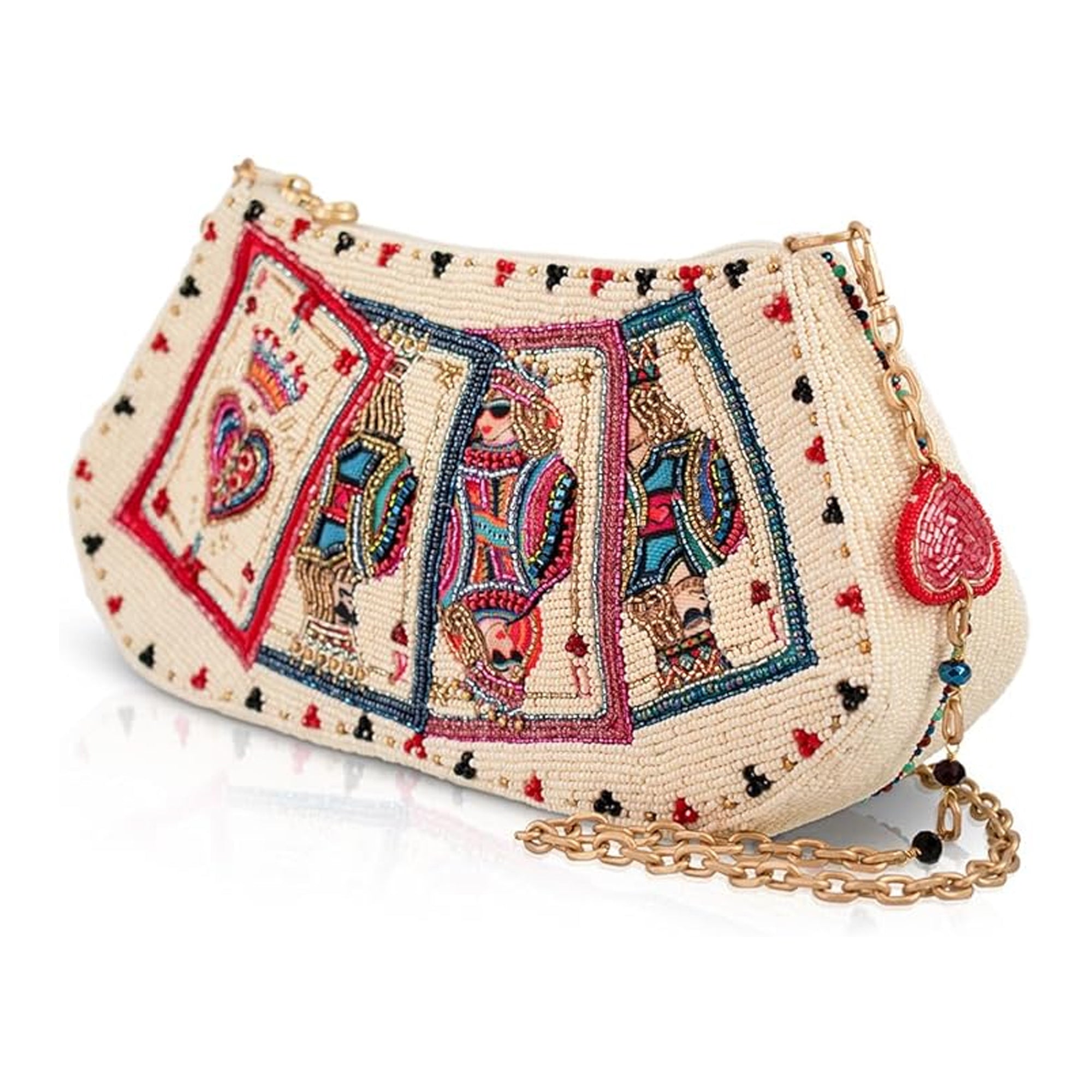 Mary Frances Shuffle Cards Crossbody Handbag Beaded Zip Bag Red Beige Purse NEW