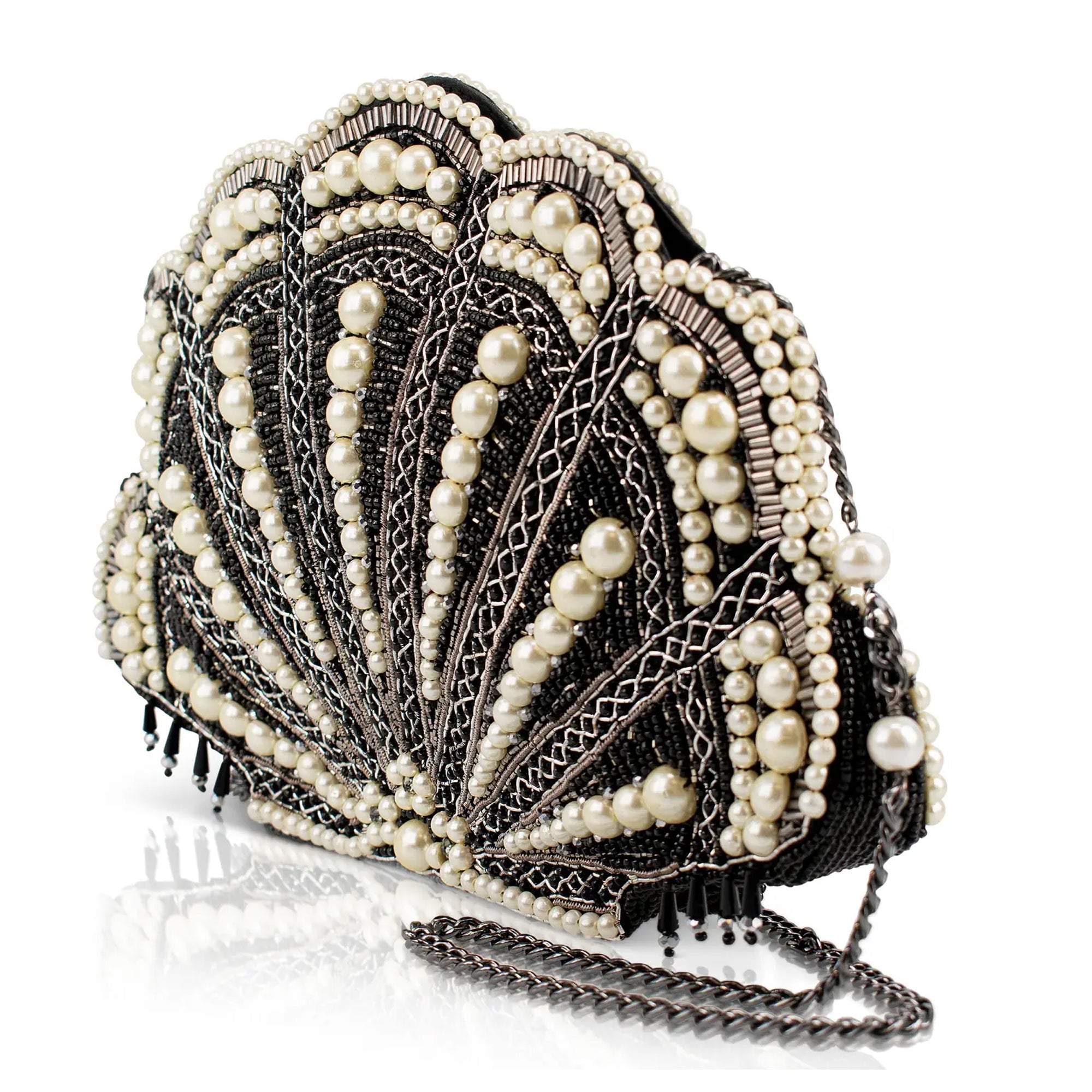Mary Frances Ocean of Pearls Shell Crossbody Handbag Black Silver Bag Purse NEW