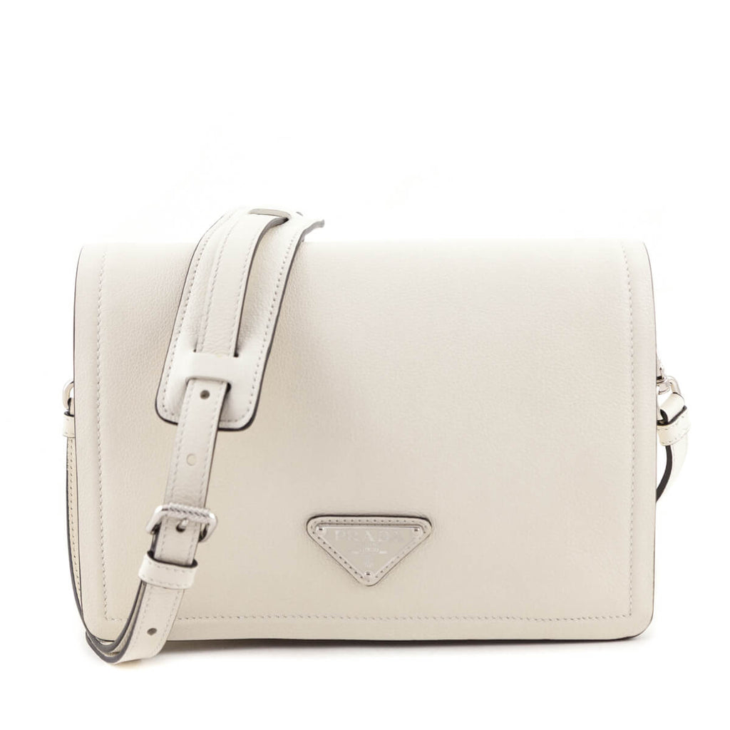 Prada White Glace Calf Logo Full Flap Crossbody Bag