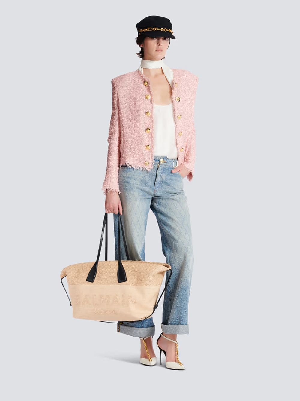 Brown Track Raffia Tote Bag