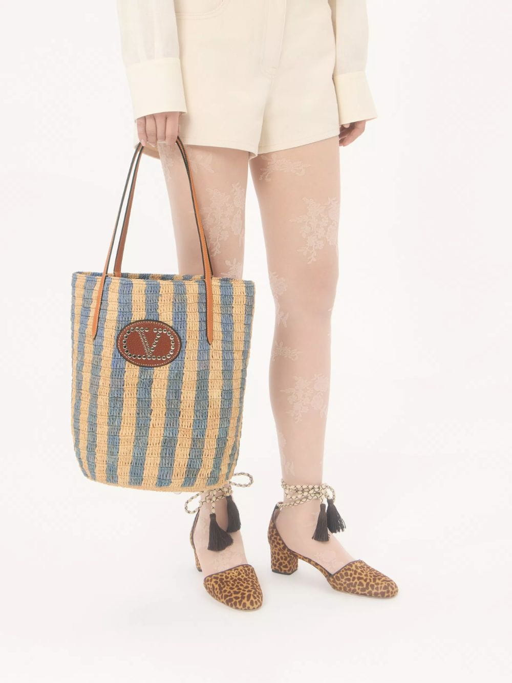 Natural and Blue Striped Raffia Shopping Bag