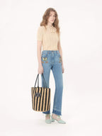 Natural and Black Striped Raffia Shopping Bag