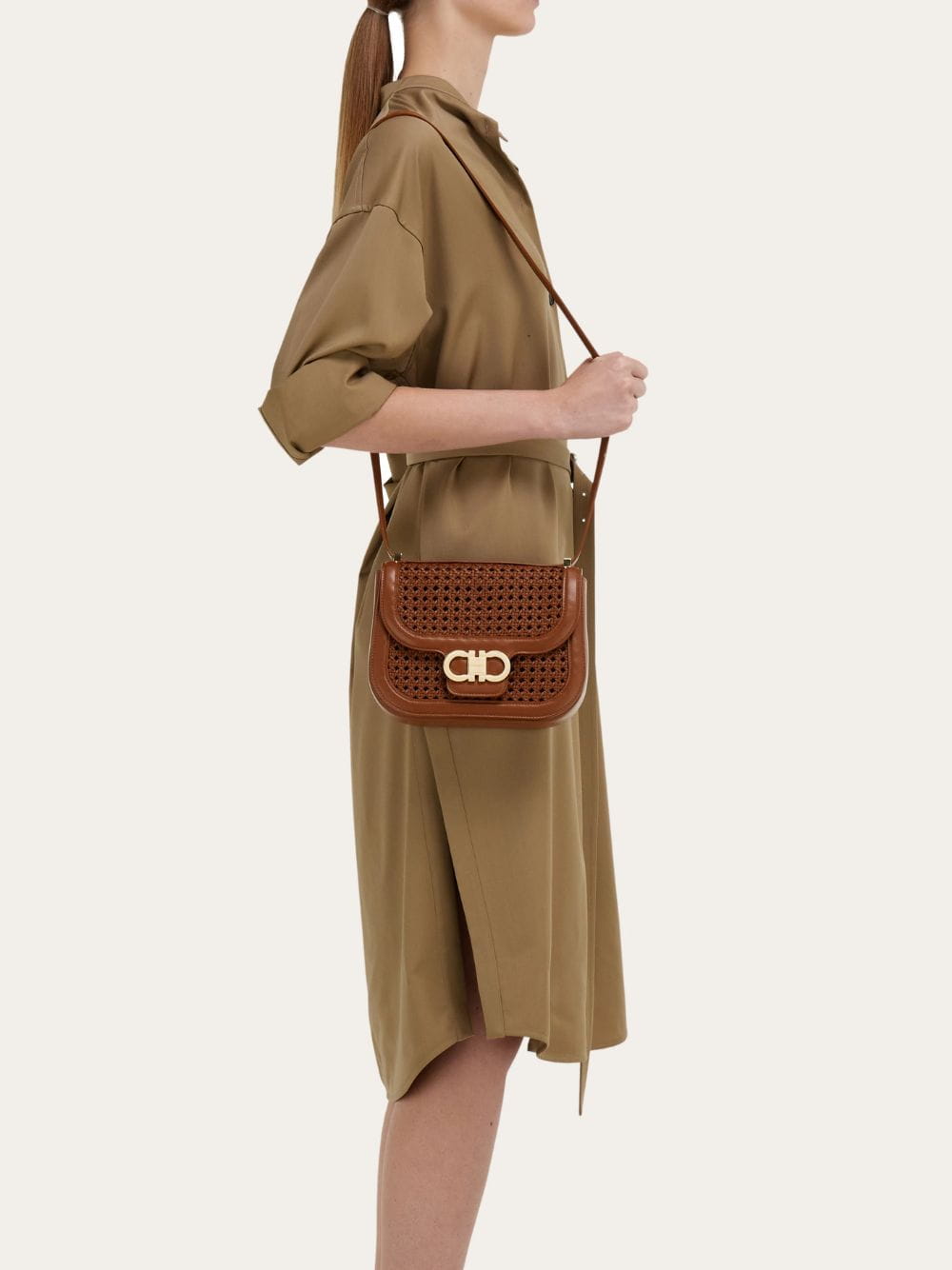 Brown Woven Gancini Crossbody Mini Bag