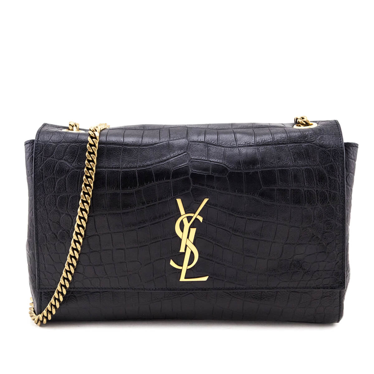 Saint Laurent Black Croc Embossed Chesnut Suede Medium Kate Reversible Shoulder Bag