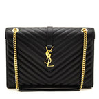 Saint Laurent Black Grain De Poudre Matelasse Chevron Large Monogram Satchel