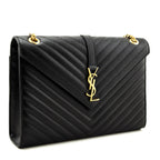 Saint Laurent Black Grain De Poudre Matelasse Chevron Large Monogram Satchel