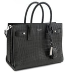 Saint Laurent Dark Green Calfskin Crocodile Embossed Small Sac de Jour