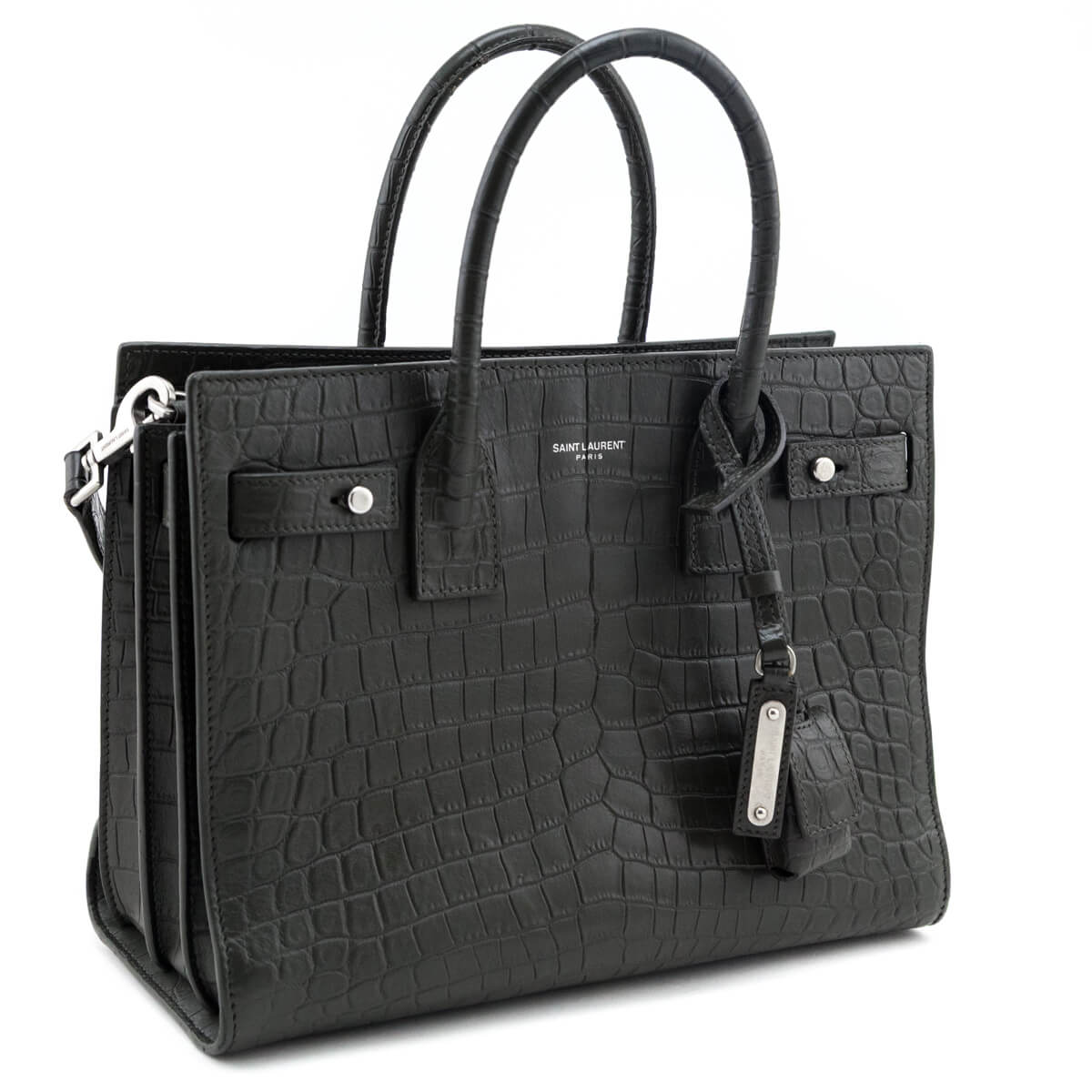 Saint Laurent Dark Green Calfskin Crocodile Embossed Small Sac de Jour