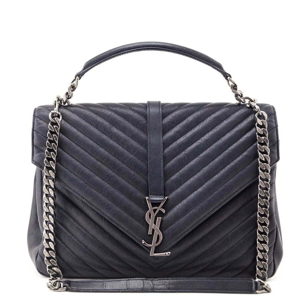 Saint Laurent Navy Chevron Matelasse Sheepskin Large College Bag
