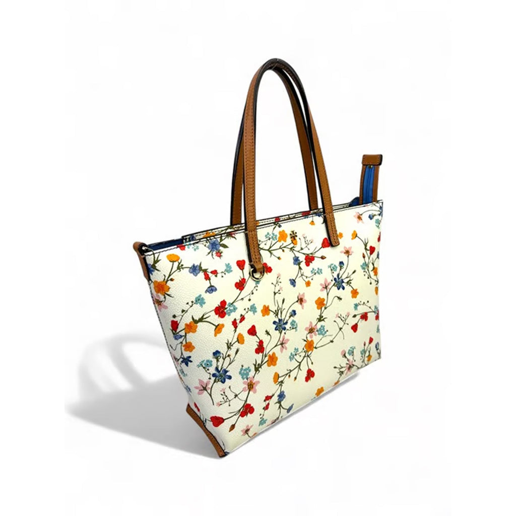Tory Burch Kerrington Delphi Floral Tote Bag Zip Ivory Shoulder Handbag Purse NEW