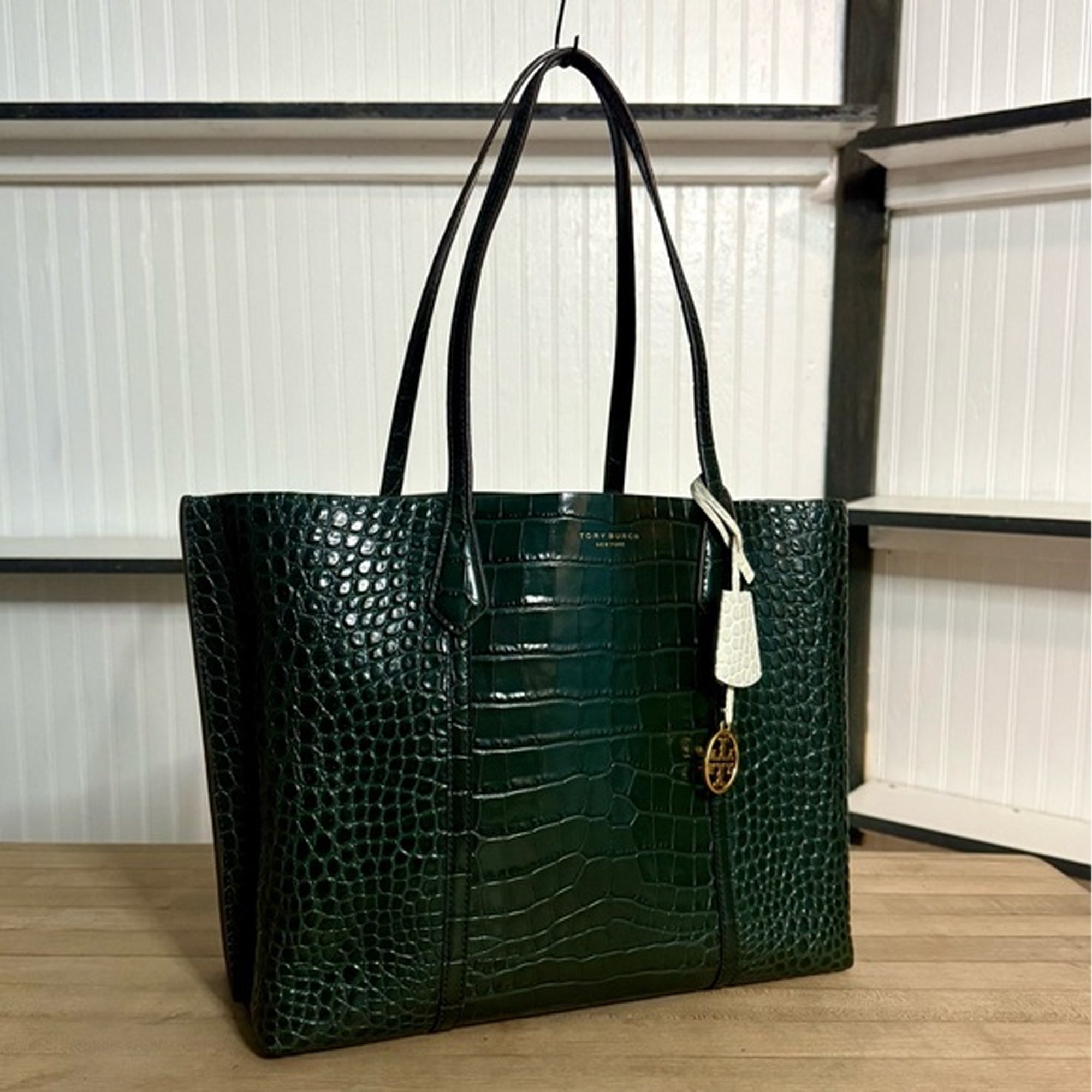 Tory Burch Perry Deep Kelp Leather Tote Triple Compartment Bag Handbag Green NEW