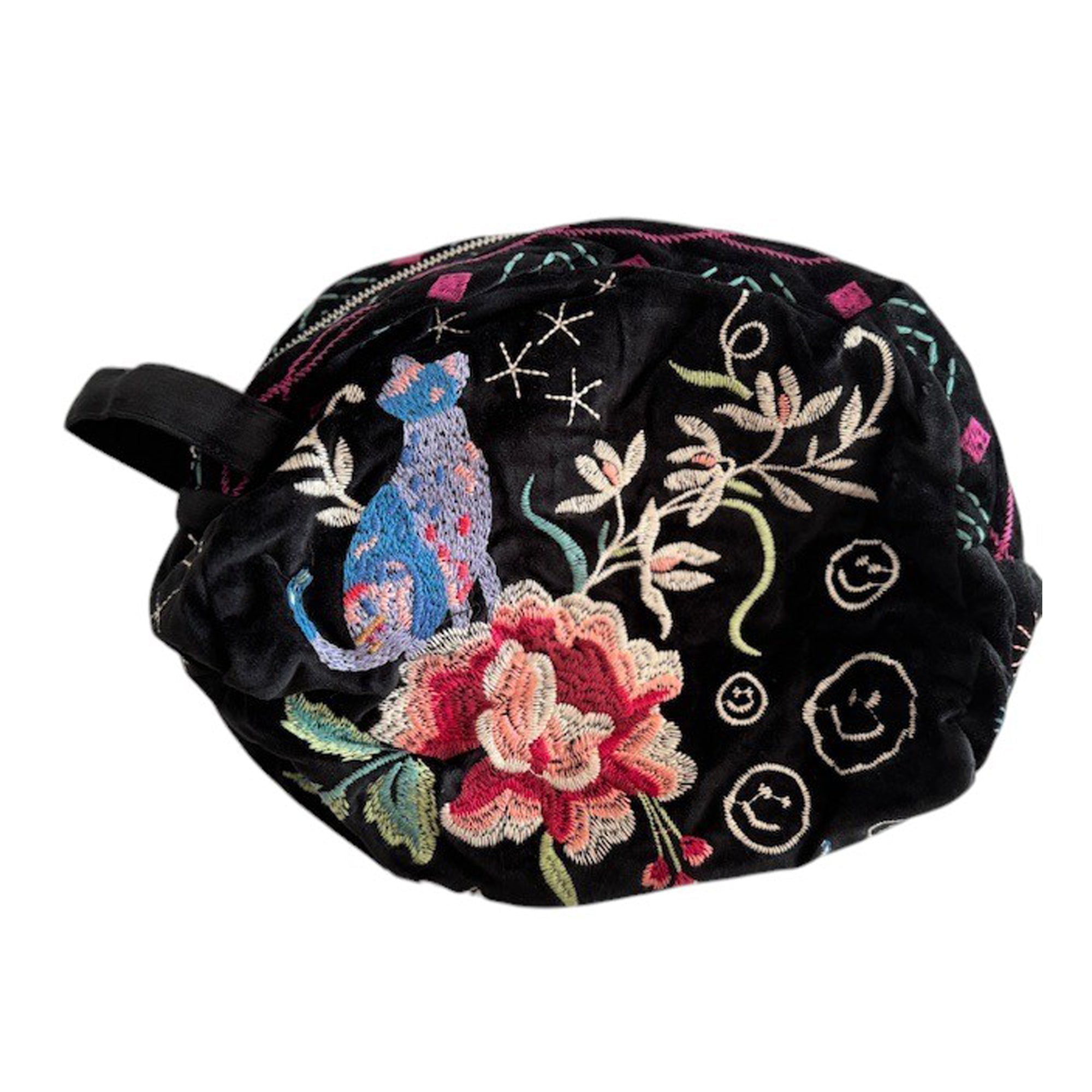 Johnny Was Colette Cotton Velvet Makeup Bag Floral Embroidered Cosmetic Handbag Black NEW
