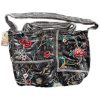 Johnny Was Uriah Velvet Handbag Grey Pewter Embroidery Flower Tote Bag Large NEW