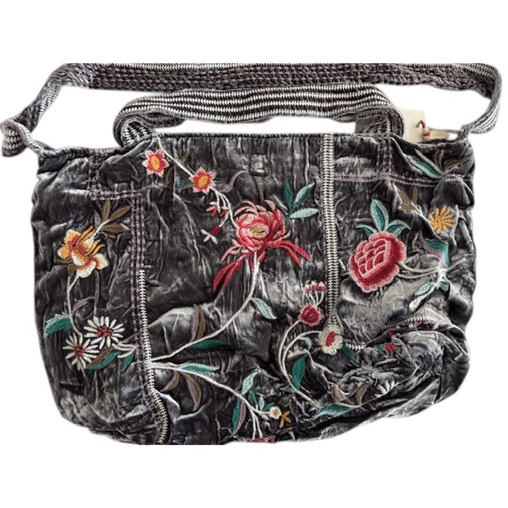 Johnny Was Uriah Velvet Handbag Grey Pewter Embroidery Flower Tote Bag Large NEW